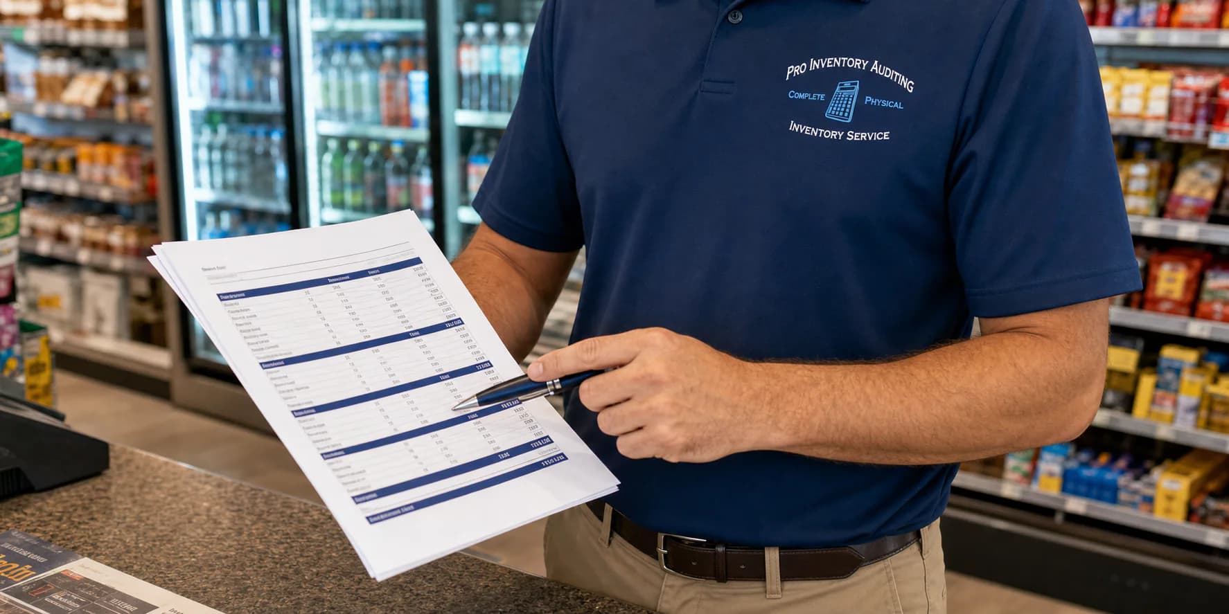 A Pro Inventory Auditing field professional reviewing an inventory report in a convenience store
