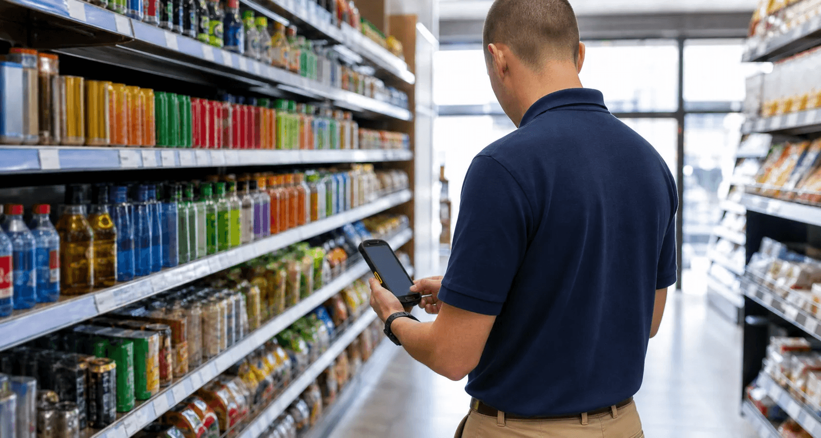 An inventory auditor using a handheld scanner beside convenience-store shelves