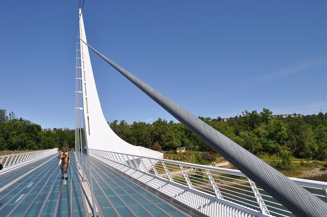 The white pylon and glass walkway of Sundial Bridge in Redding.