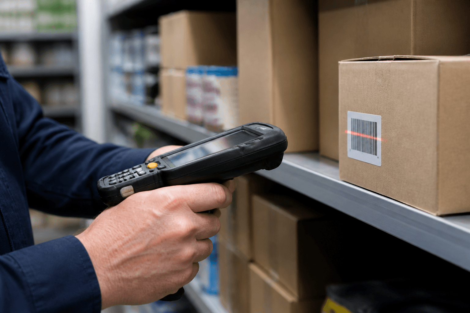 A rugged barcode scanner counting labeled stock in a retail storeroom