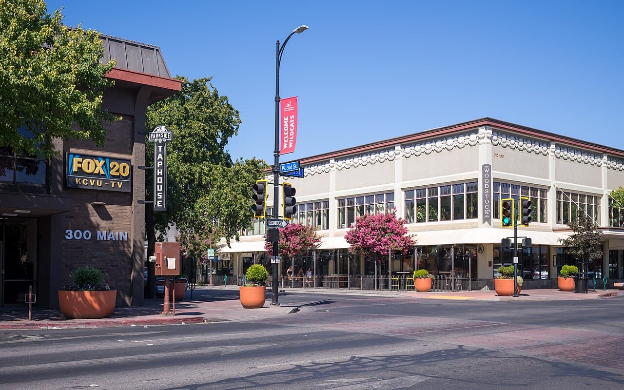 West 3rd and Main streets in Chico, photographed in 2024.
