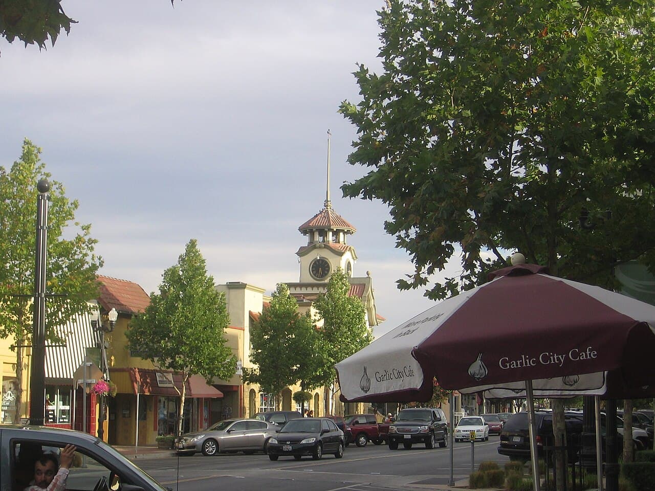 Storefronts and trees along Monterey Street with Gilroy's Old City Hall clock tower in the background.
