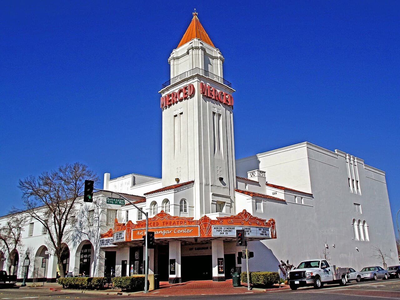 The Merced Theatre tower and entrance on Main Street in downtown Merced.