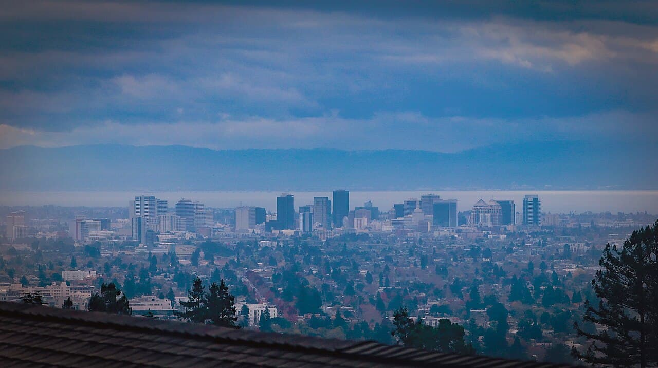 Oakland skyline seen from Kensington across the East Bay.