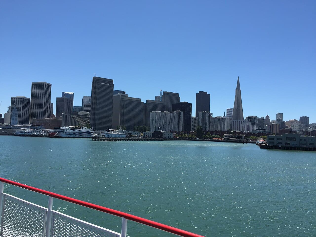 San Francisco waterfront skyline and the Transamerica Pyramid seen across the bay.