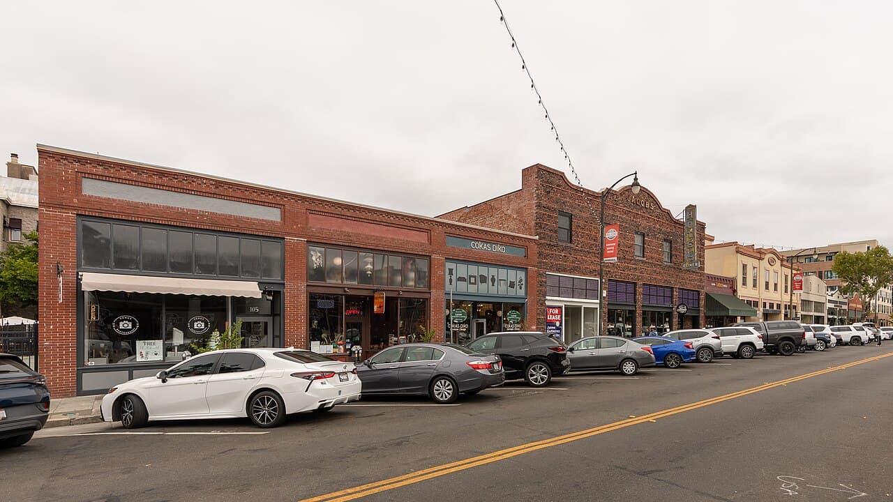 Shops along Fourth Street in Santa Rosa's historic Railroad Square district.