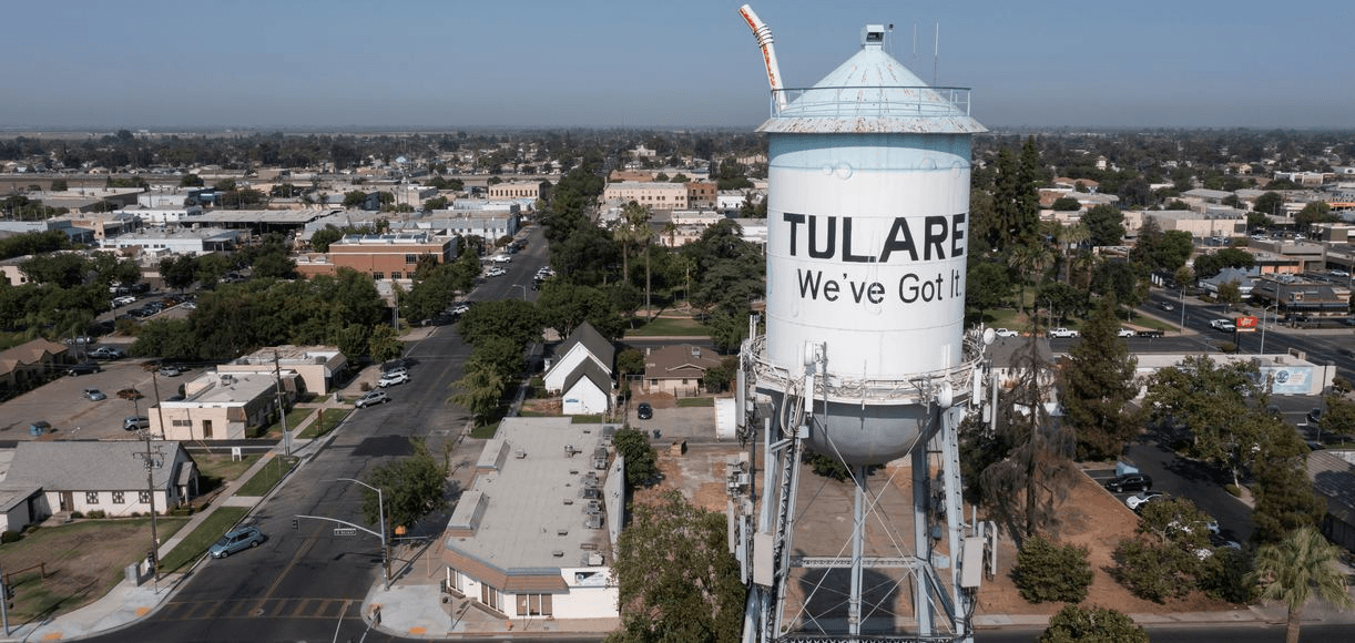 Tulare’s water tower above downtown streets and businesses